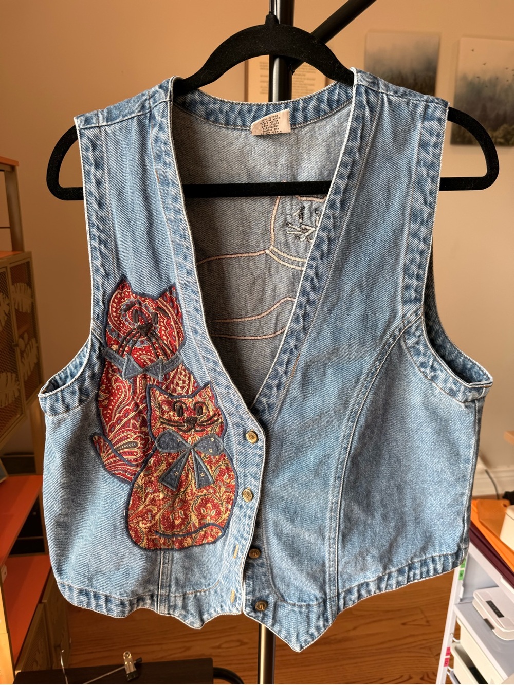 Vintage Denim Cat Applique Vest